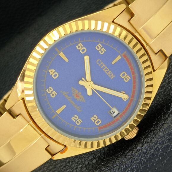 Vintage 1980 Citizen Automatic Mens Gold Watch W/daydate & Blue accents - Picture 1 of 8